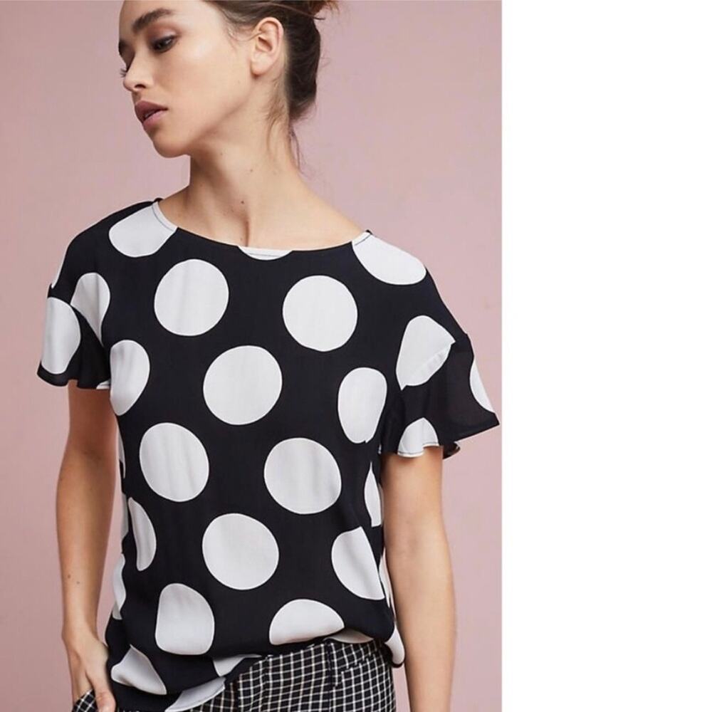 Anthropologie Alexa Polka Dots Flutter Sleeve White Black Top Women’s Size 6 NWT